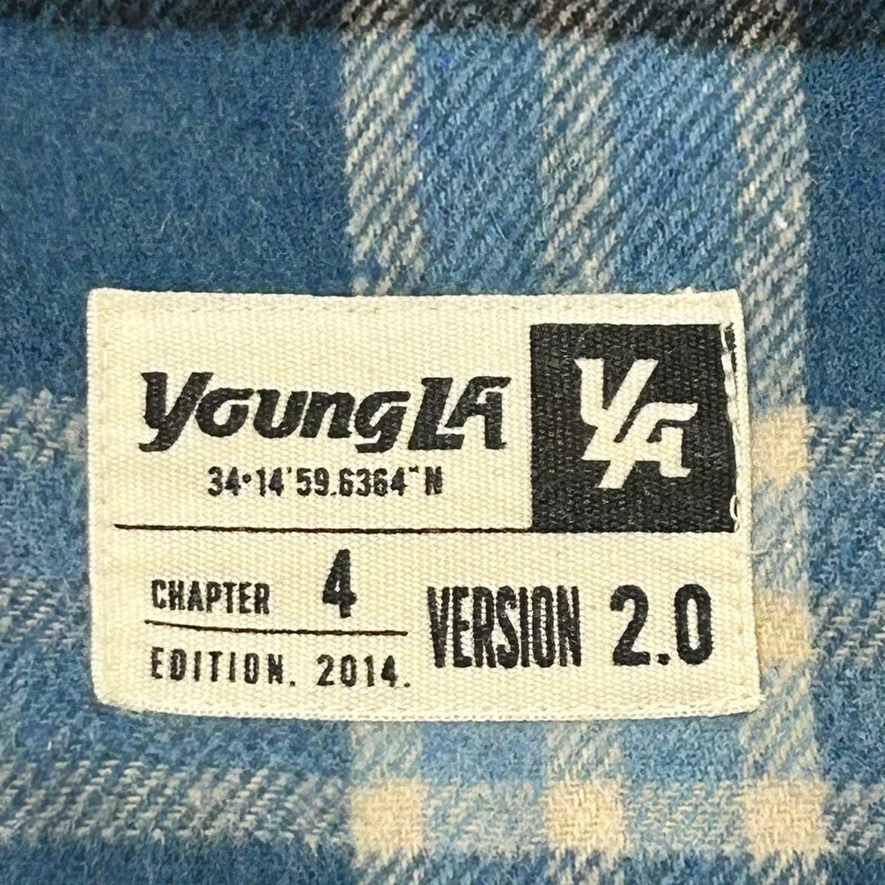YoungLA Flannel Shirt Jacket Mens Large Blue Plaid Hooded Shacket Streatwear